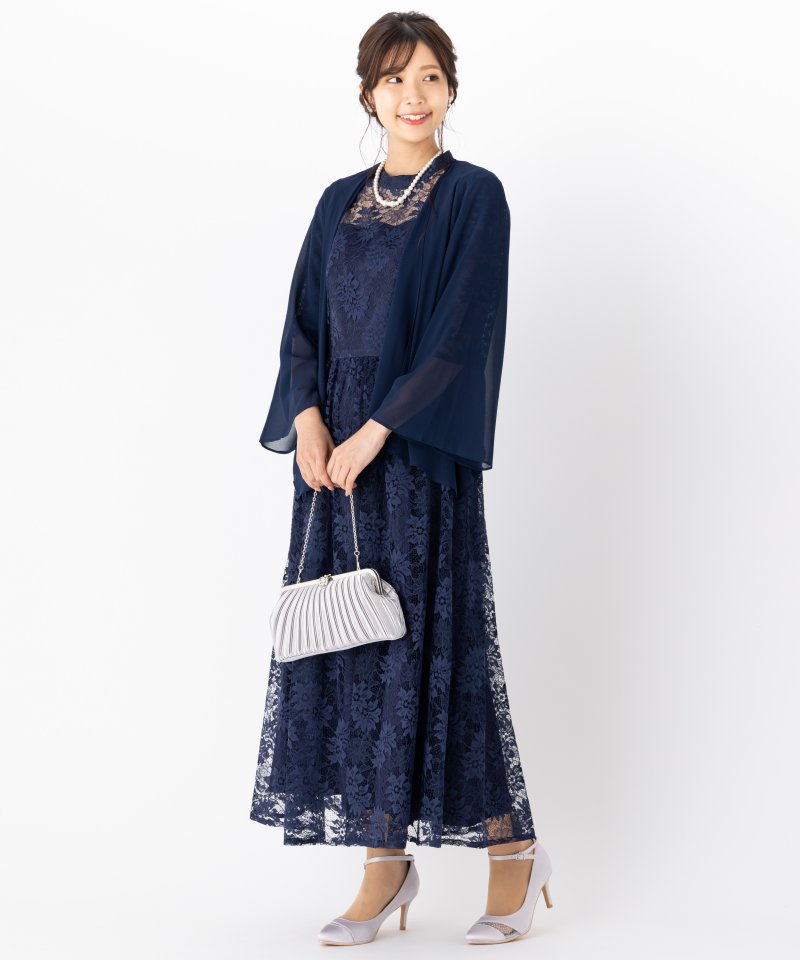 Aimer プチハイネック袖付き花柄レースフィット&フレアドレス ネイビー