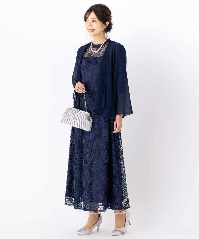 Aimer プチハイネック袖付き花柄レースフィット&フレアドレス ネイビー