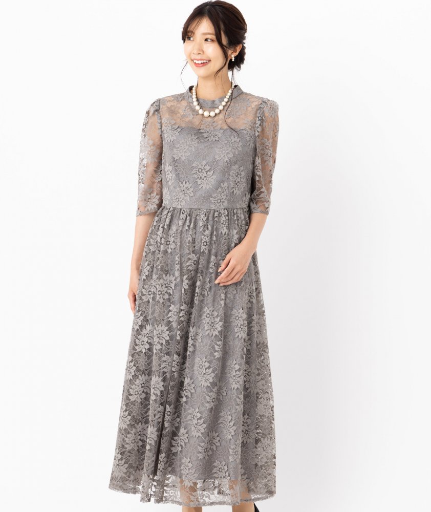 Aimer プチハイネック袖付き花柄レースフィット&フレアドレス ネイビー