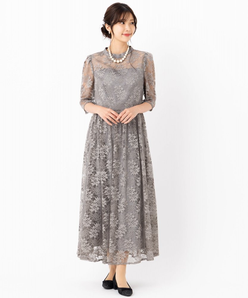 Aimer プチハイネック袖付き花柄レースフィット&フレアドレス グレー系
