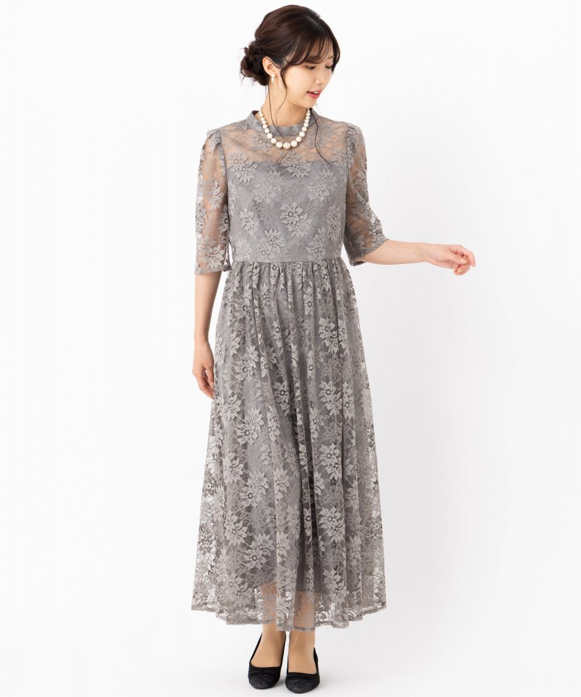 Aimer プチハイネック袖付き花柄レースフィット&フレアドレス グレー系