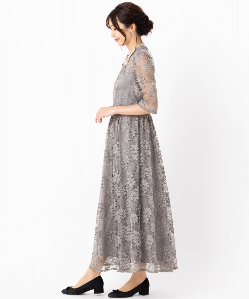 Aimer プチハイネック袖付き花柄レースフィット&フレアドレス グレー系