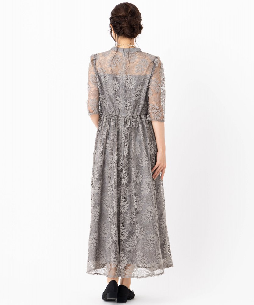 Aimer プチハイネック袖付き花柄レースフィット&フレアドレス グレー系