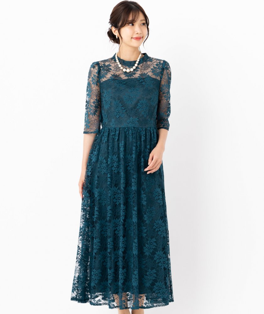 Aimer プチハイネック袖付き花柄レースフィット&フレアドレス ネイビー