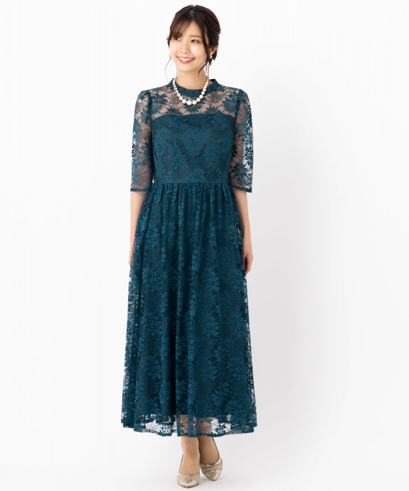 Aimer プチハイネック袖付き花柄レースフィット&フレアドレス グリーン