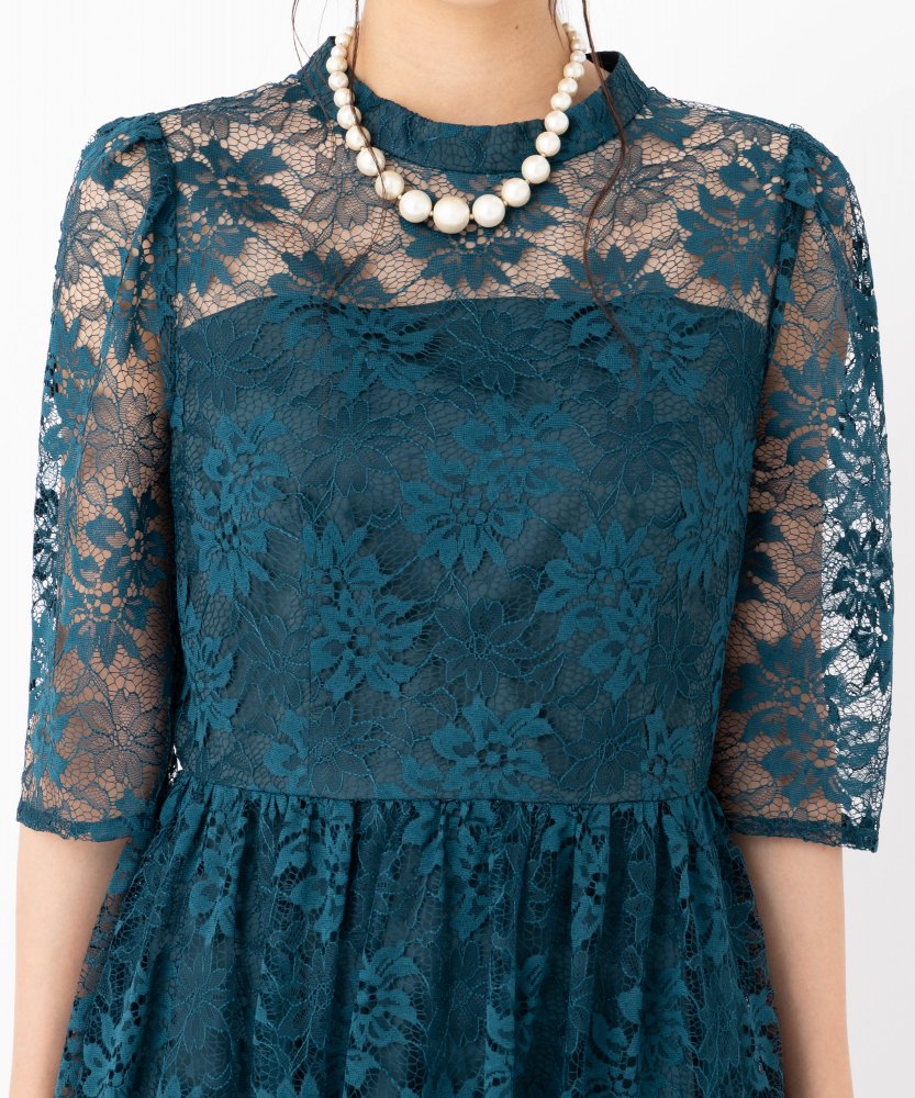 Aimer プチハイネック袖付き花柄レースフィット&フレアドレス グリーン