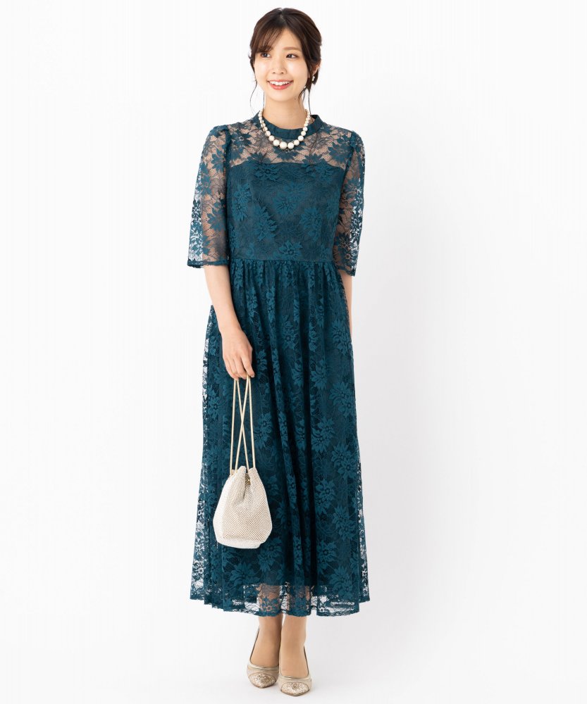 Aimer プチハイネック袖付き花柄レースフィット&フレアドレス グリーン