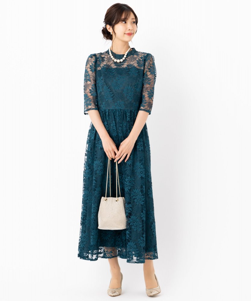 Aimer プチハイネック袖付き花柄レースフィット&フレアドレス グリーン