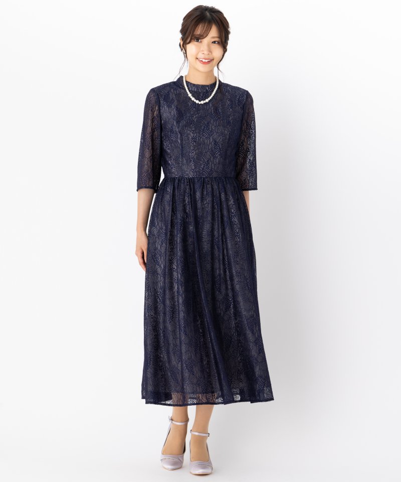 Aimer エメ リーフ柄ラメレース袖付きフレアドレス ネイビー系 | 結婚