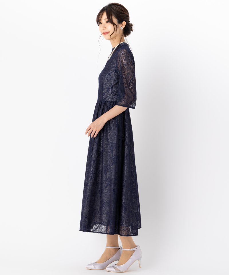 Aimer エメ リーフ柄ラメレース袖付きフレアドレス ネイビー系 | 結婚