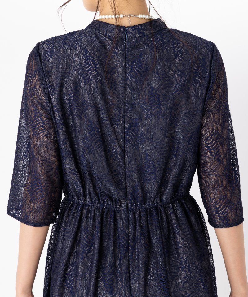 Aimer エメ リーフ柄ラメレース袖付きフレアドレス ネイビー系 | 結婚