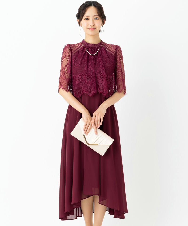 Aimer プチハイネック袖付き花柄レースフィット&フレアドレス グリーン
