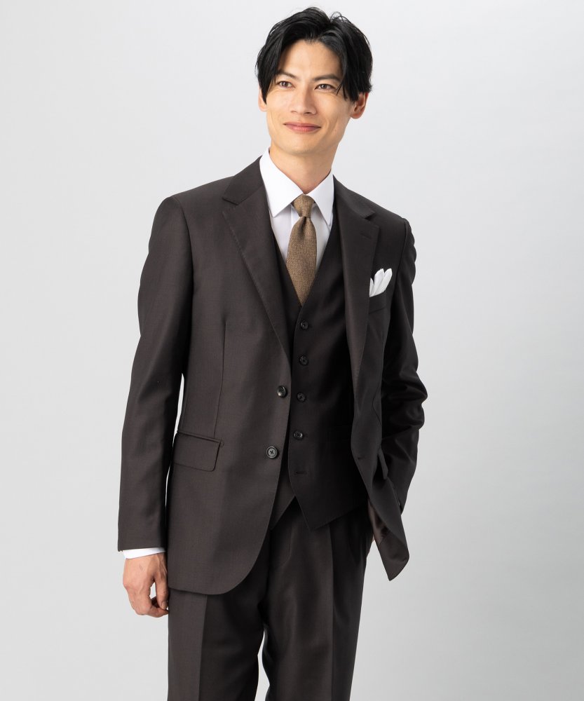 ONLY オンリー CANONICO・Super110s 3ピースフォーマルスーツ ブラウン