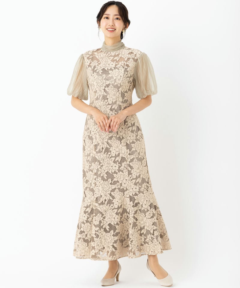新品 ラグナムーン LADYジャガードレースワンピース ロング ベージュ S LAGUNAMOON ラグナムーン LADYジャガードレースフレアドレス ベージュ