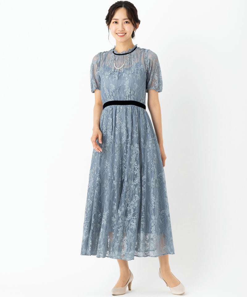 JILL STUART ジルスチュアート レース×ベルベットドレス ブルー系