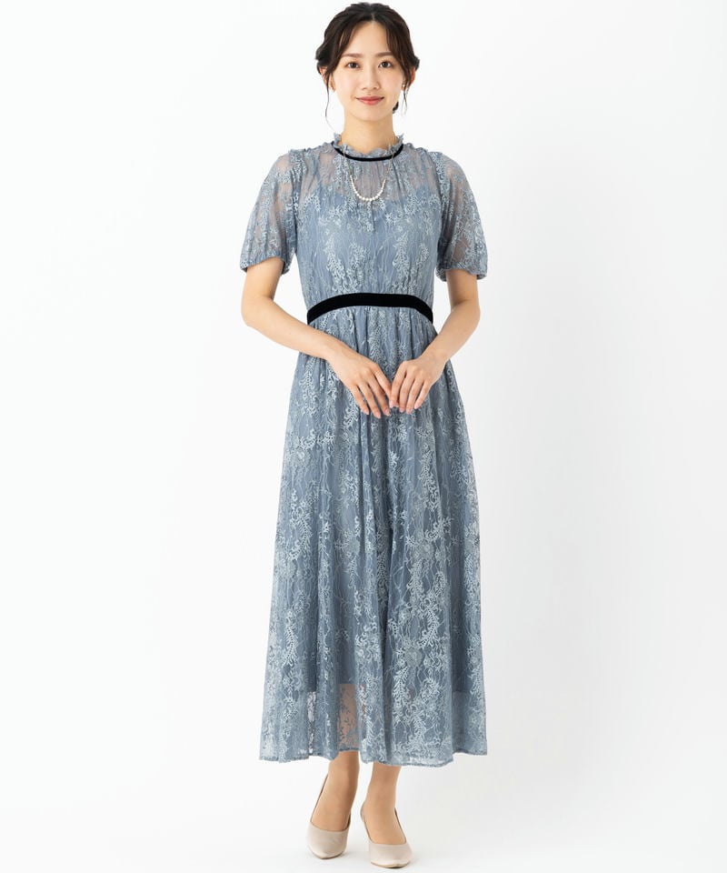JILL STUART ジルスチュアート レース×ベルベットドレス ブルー系