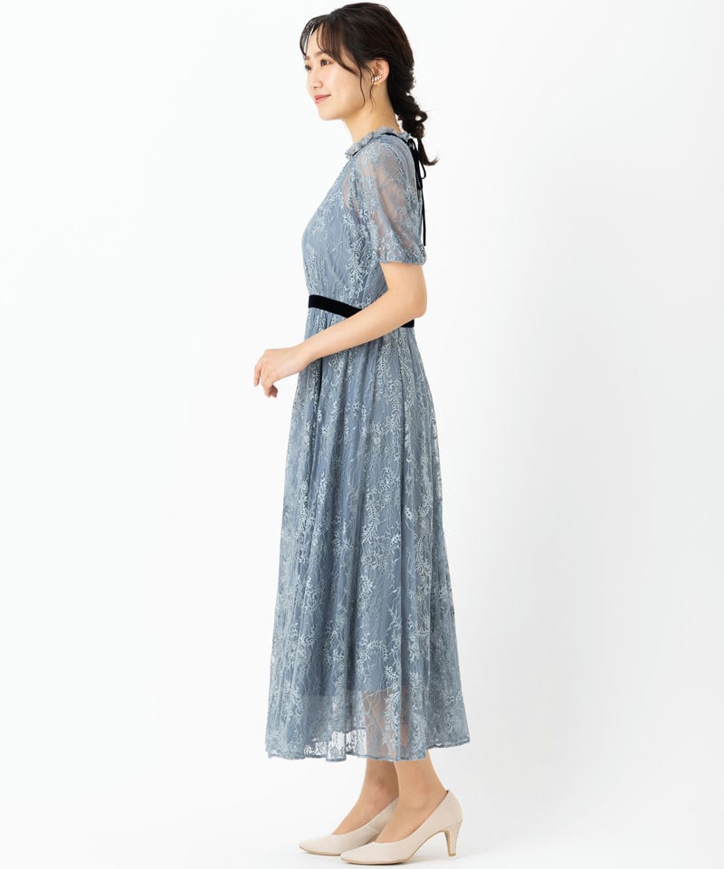 JILL STUART ジルスチュアート レース×ベルベットドレス ブルー系