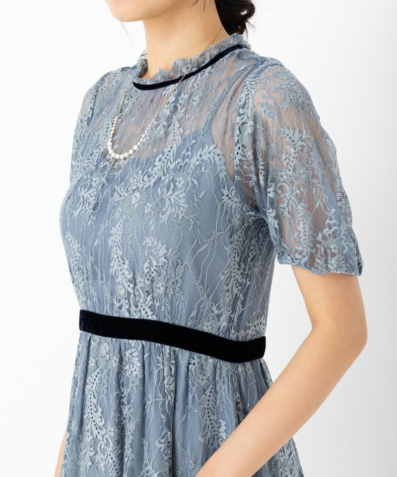 JILL STUART ジルスチュアート レース×ベルベットドレス ブルー系