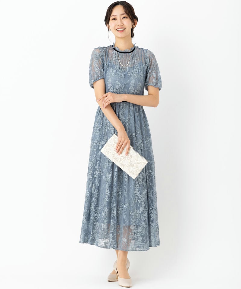 JILL STUART ジルスチュアート レース×ベルベットドレス ブルー系