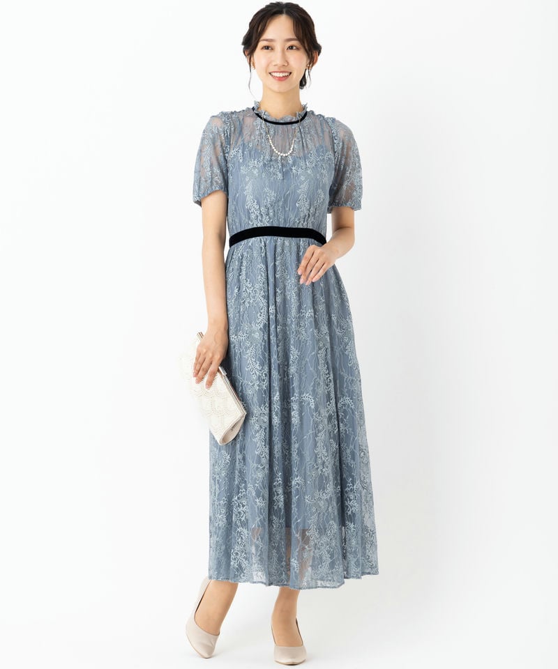 ジルスチュアートドレス120 JILL STUART ジルスチュアート レース×ベルベットドレス ブルー系