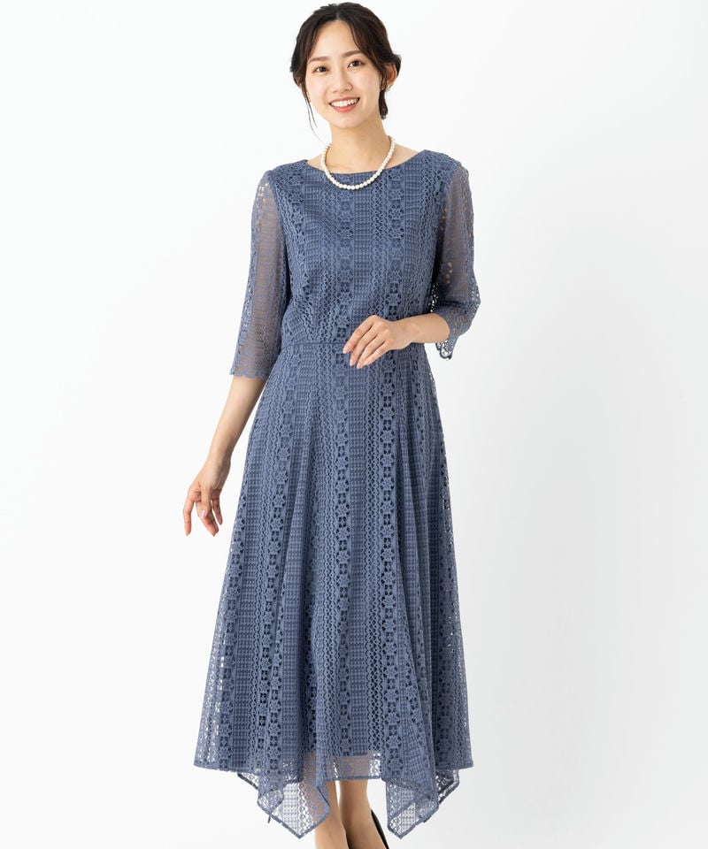 あ*い様 芽風 エイジングストライプ ドレス 新品未使用 Aimer エメ ストライプレースランダムヘムドレス ブルー系 | 結婚式
