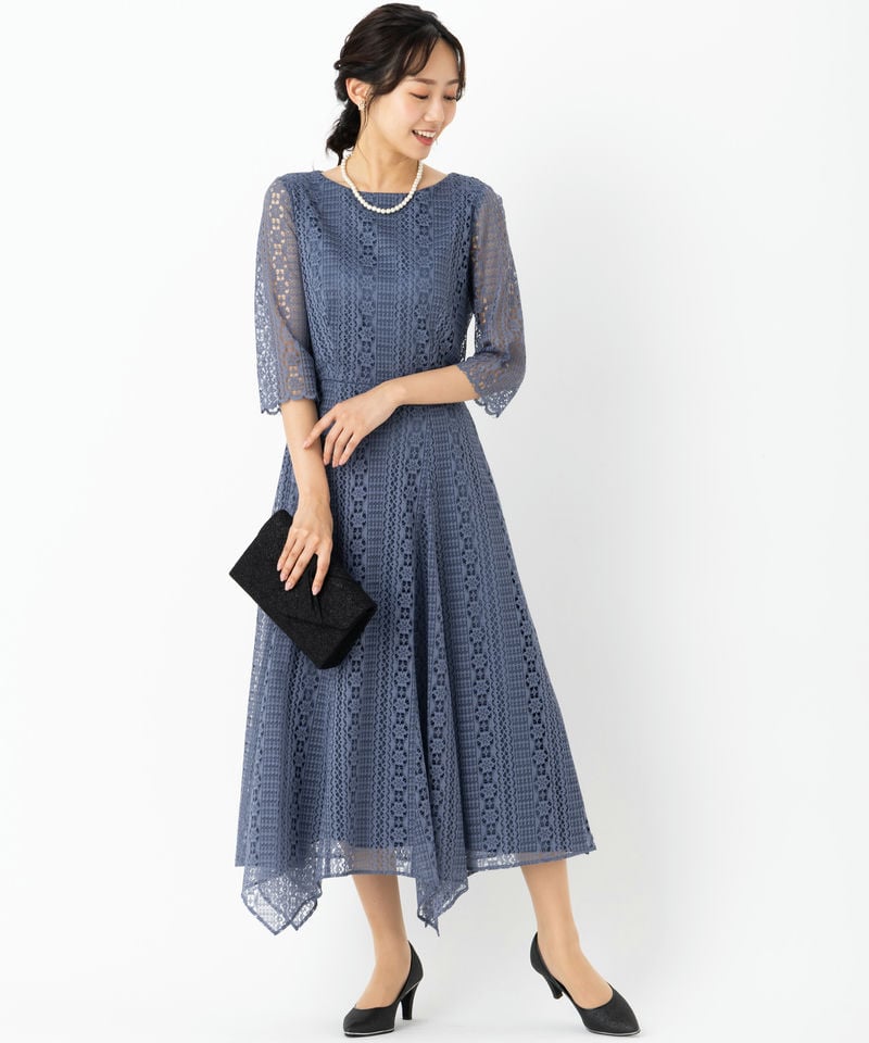 Aimer エメ ストライプレースランダムヘムドレス ブルー系 | 結婚式