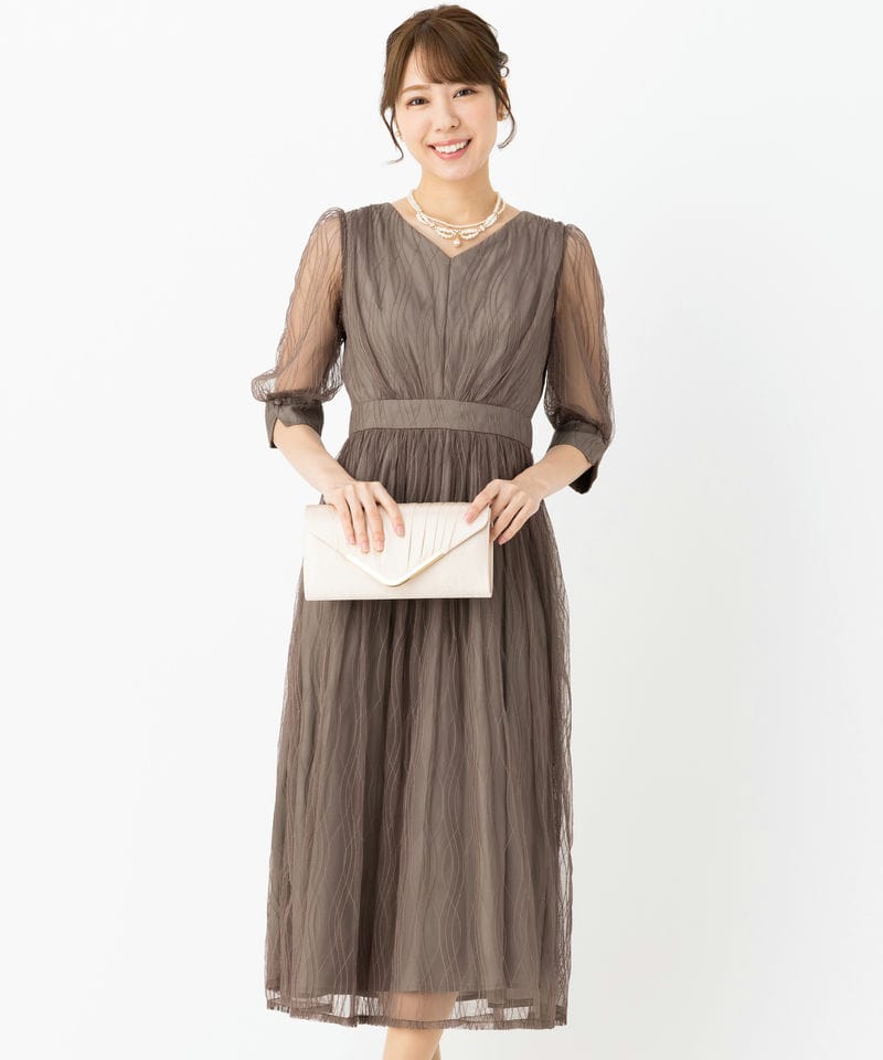 Aimer エメ チュールレースVネック袖付きフレアドレス その他 x