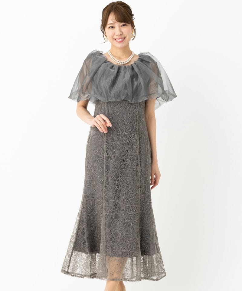 Leja レジャ 2WAYチュールオリジナル花柄刺繍オフショルドレス グレー