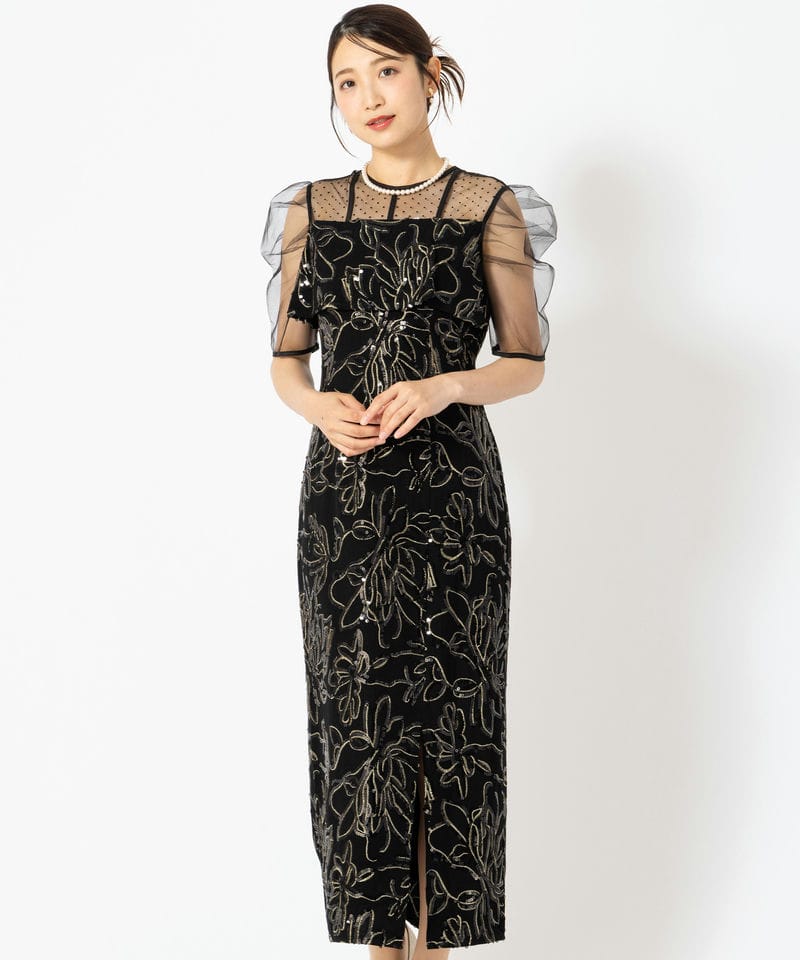 Leja レジャ シアーチュールベルスリーブペイントIラインドレス グレー