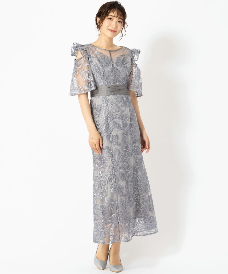 Leja レジャ フラワーレースシアーフリルマーメイドドレス ブルー系