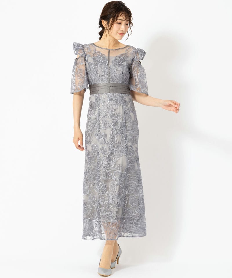 Leja レジャ フラワーレースシアーフリルマーメイドドレス ブルー系