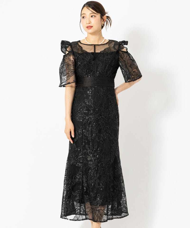 Leja レジャ フラワーレースシアーフリルマーメイドドレス ブルー系