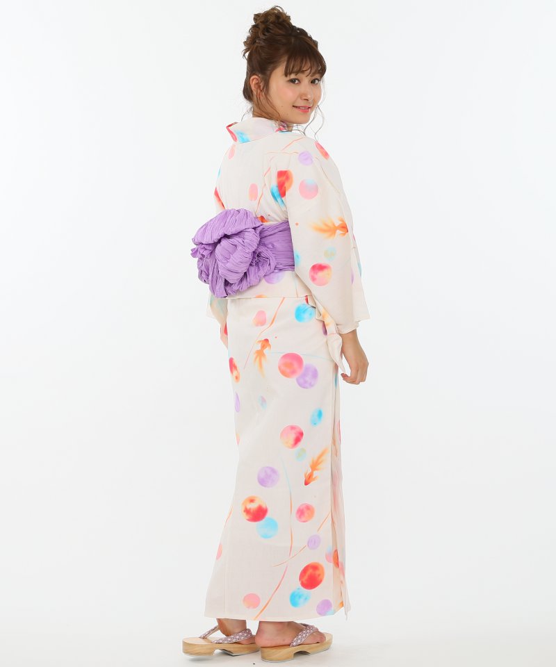 新品未使用　ボヌールセゾン　浴衣　帯　下駄　セット　グレー　イエロー　ホワイト bonheur saisons 【浴衣・下駄セット】ボヌールセゾン「水彩風水玉と