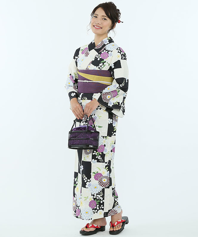 ふりふ 【浴衣フルセット】「市松に菊花」 ブラック系 | 結婚式