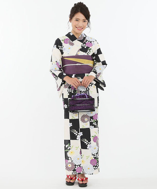 ふりふ 【浴衣フルセット】「市松に菊花」 ブラック系 | 結婚式