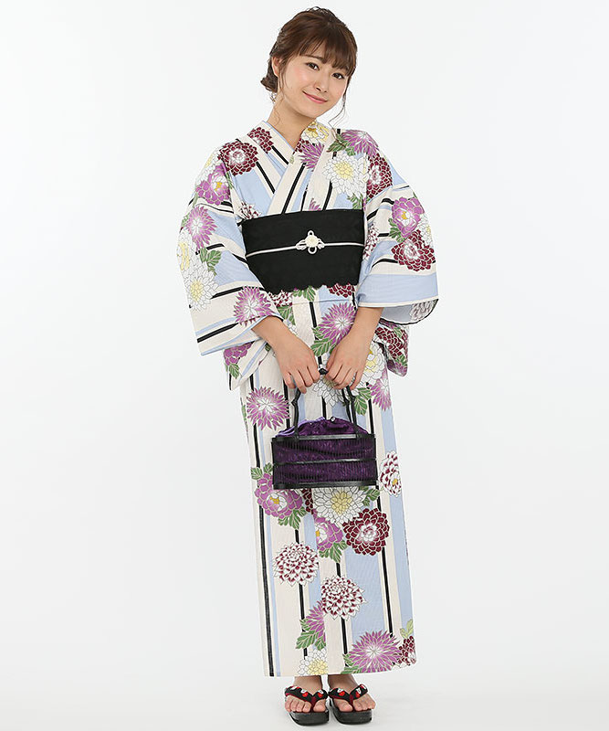 ふりふ 【浴衣フルセット】「縞花に牡丹」 ブルー系 | 結婚式