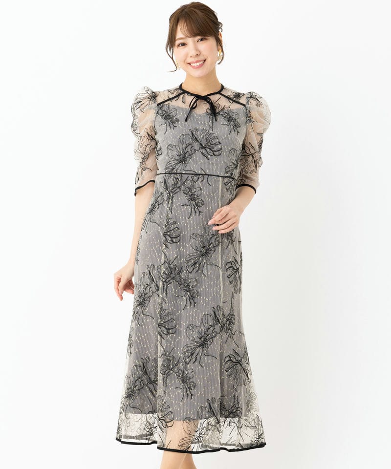 Leja 【A】レジャ チェックスパンコールリボンワンピースドレス グレー