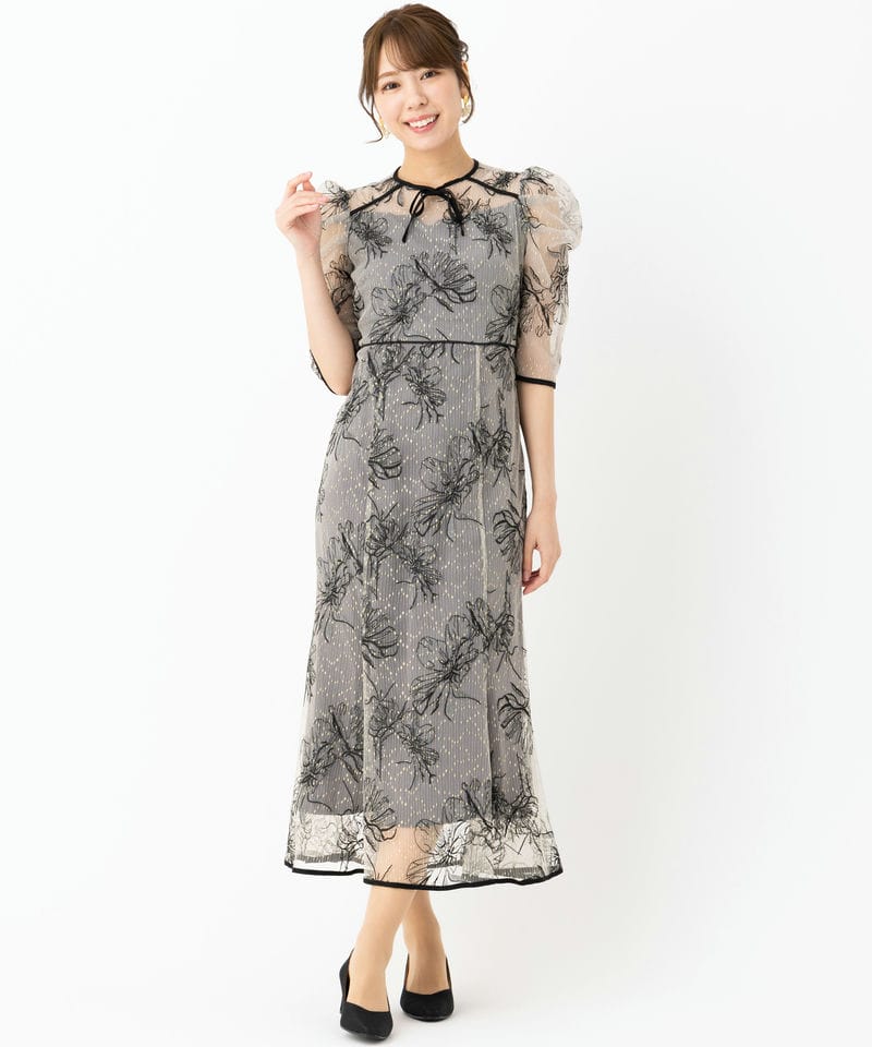 Leja レジャ 花柄刺繍レースフロントバックリボンパフスリーブドレス