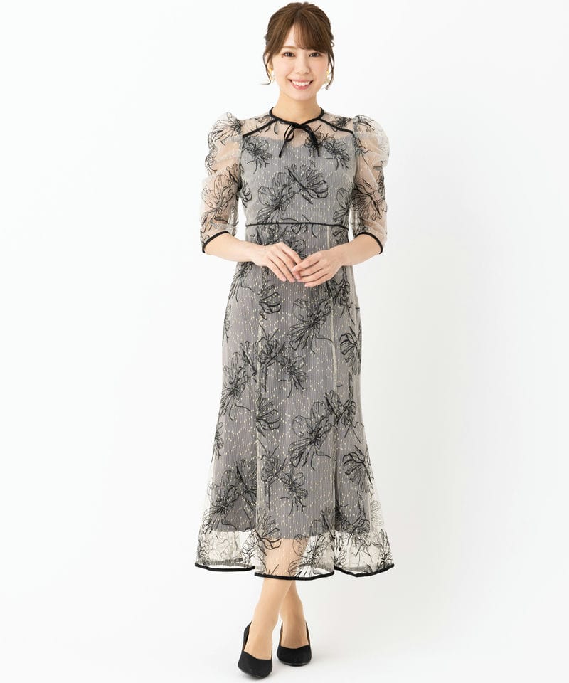 Leja レジャ 花柄刺繍レースフロントバックリボンパフスリーブドレス