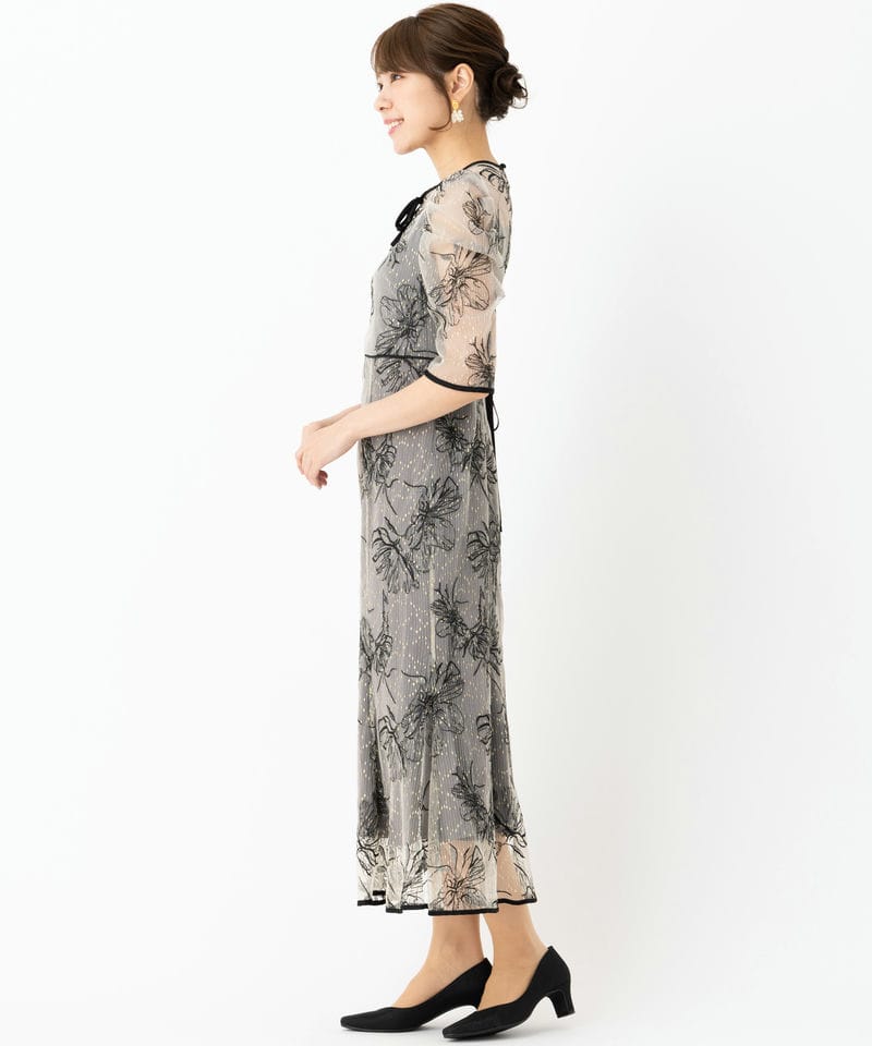 Leja レジャ 花柄刺繍レースフロントバックリボンパフスリーブドレス