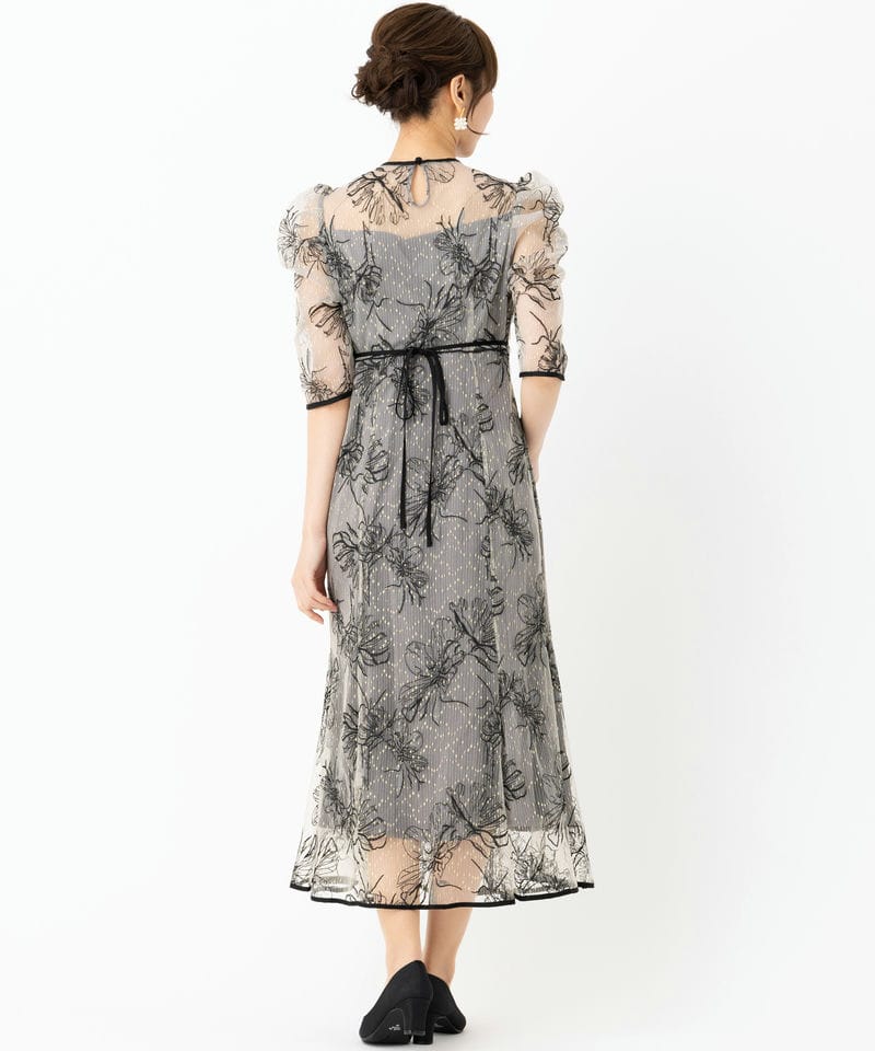 Leja レジャ 花柄刺繍レースフロントバックリボンパフスリーブドレス