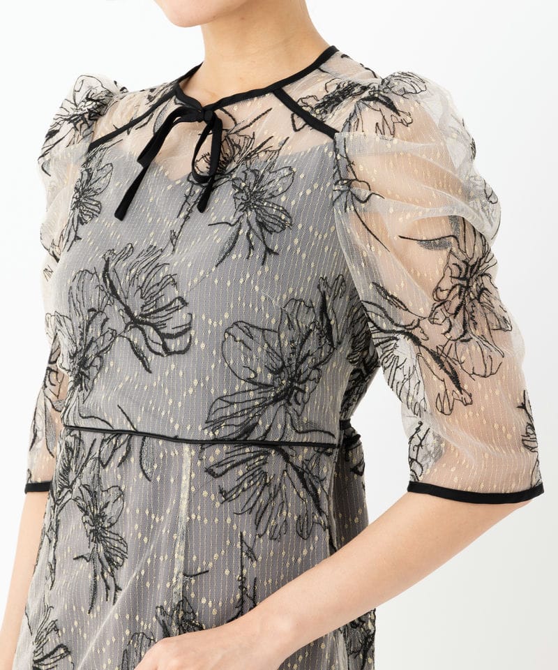 Leja レジャ 花柄刺繍レースフロントバックリボンパフスリーブドレス