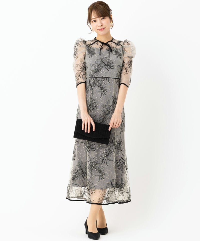 Leja レジャ 花柄刺繍レースフロントバックリボンパフスリーブドレス