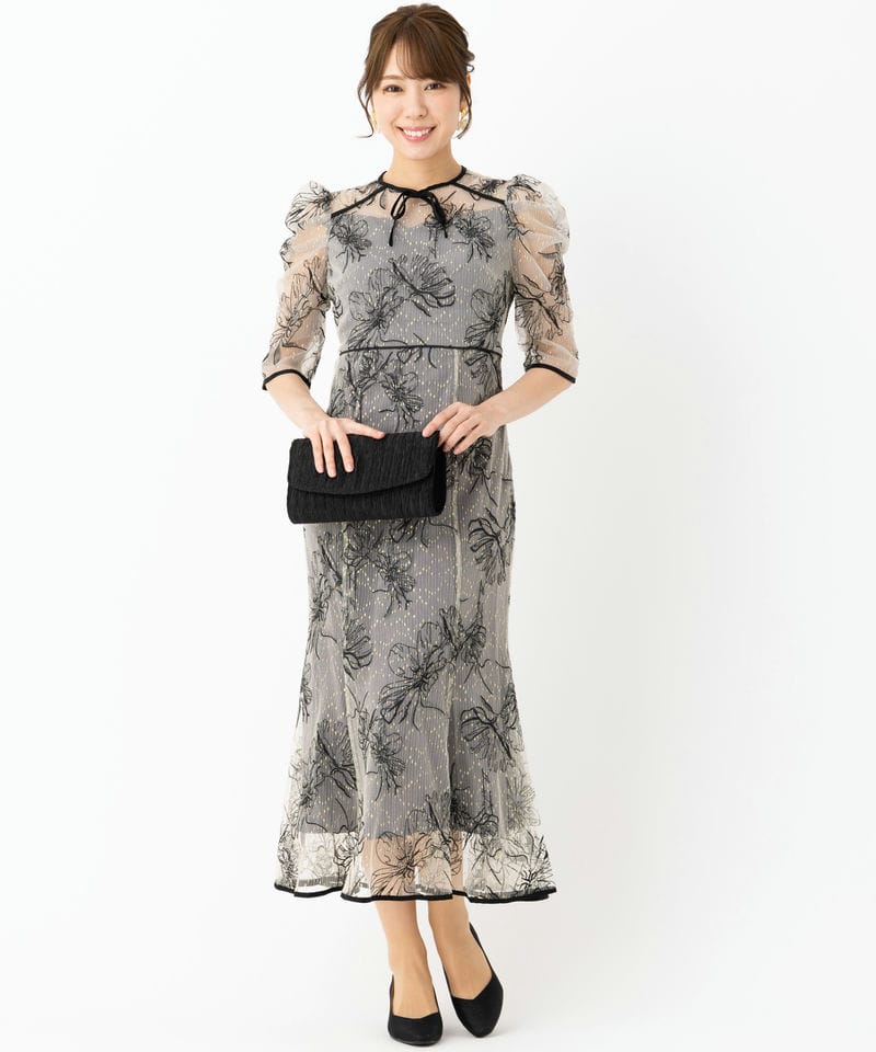 Leja レジャ 花柄刺繍レースフロントバックリボンパフスリーブドレス