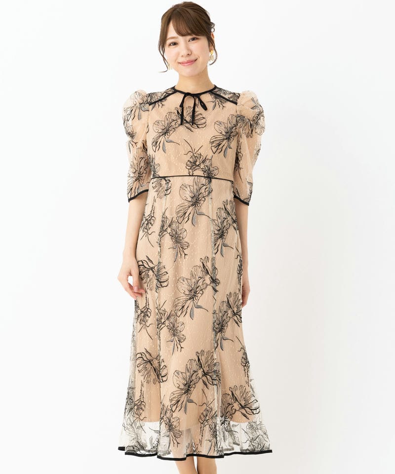 Leja レジャ 花柄刺繍レースフロントバックリボンパフスリーブドレス