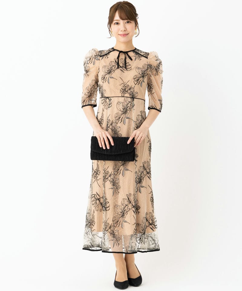 Leja レジャ 花柄刺繍レースフロントバックリボンパフスリーブドレス