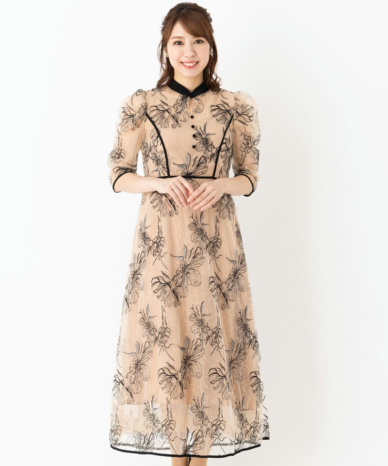 Leja レジャ 配色パイピングプチハイネック花柄刺繍ドレス ベージュ系