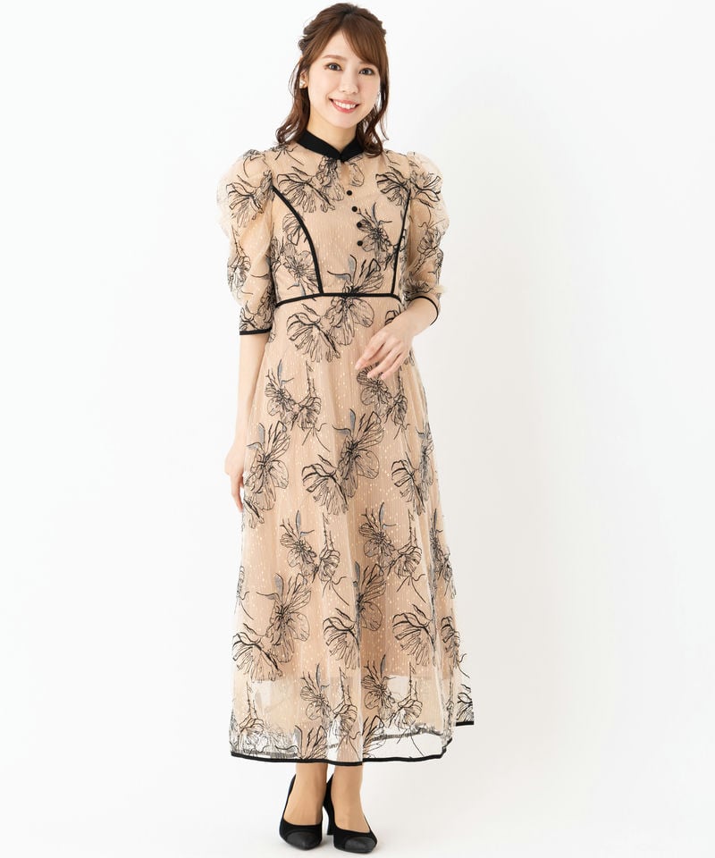 Leja レジャ 配色パイピングプチハイネック花柄刺繍ドレス ベージュ系