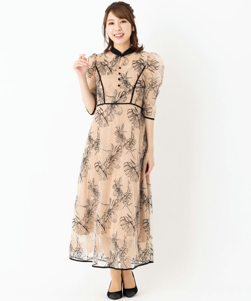 Leja レジャ 配色パイピングプチハイネック花柄刺繍ドレス ベージュ系