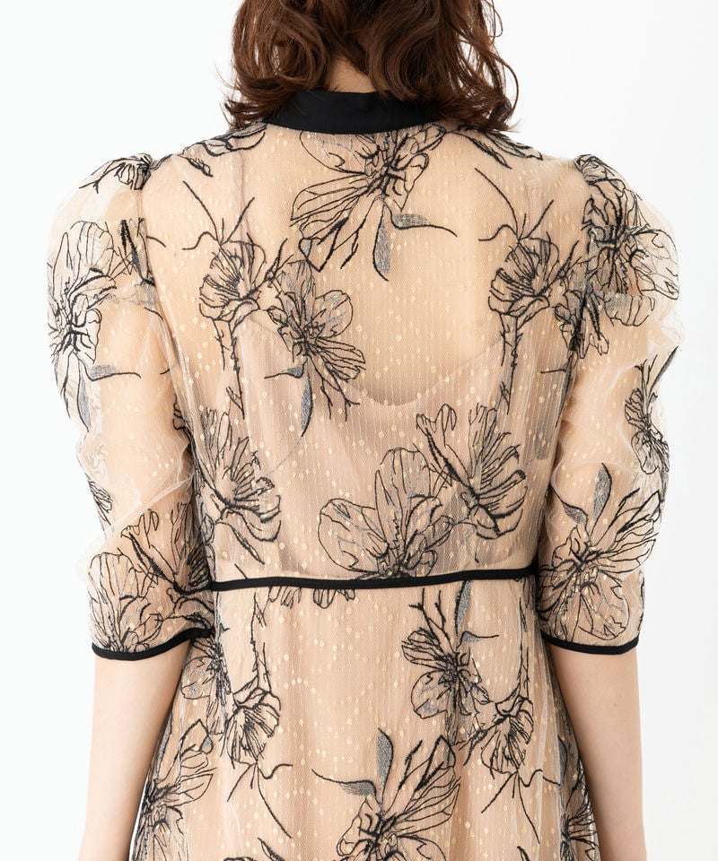 Leja レジャ 配色パイピングプチハイネック花柄刺繍ドレス ベージュ系